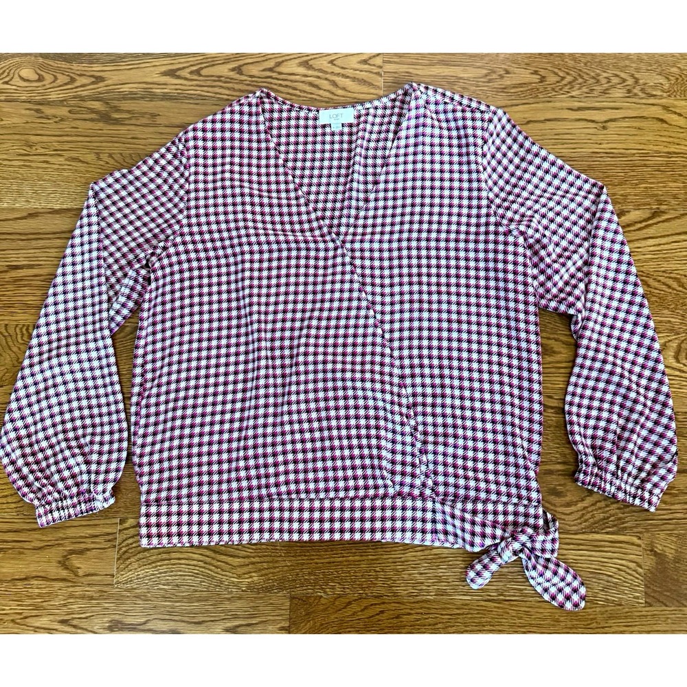 Women's LOFT Outlet Wrap V-Neck Long Sleeve Gingham Blouse Pink Black M